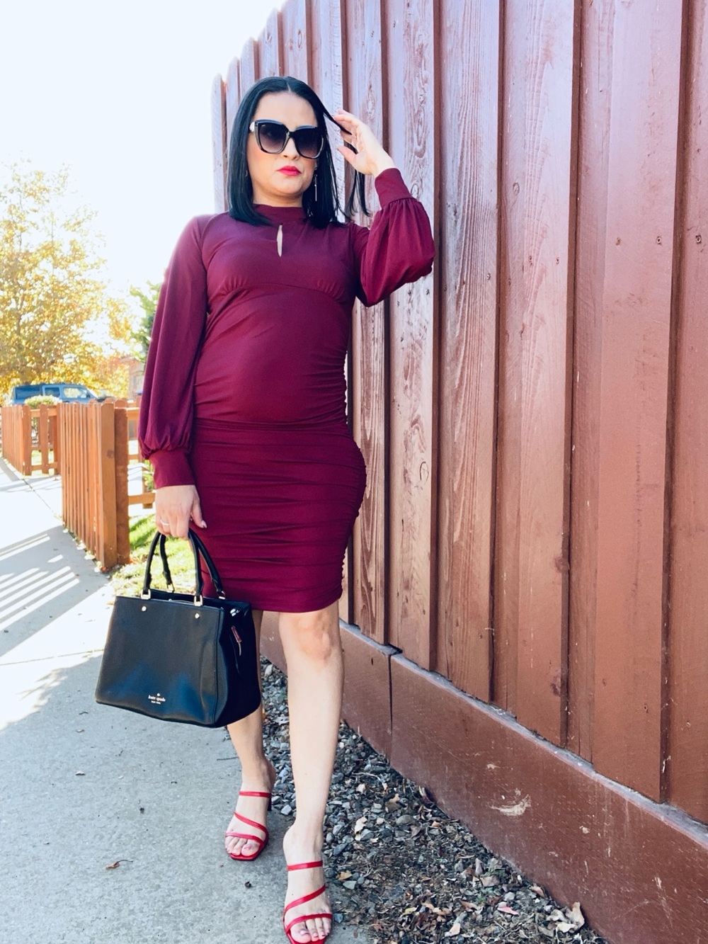 Women's Burgundy Long-Sleeve Ruched Bodycon Dress